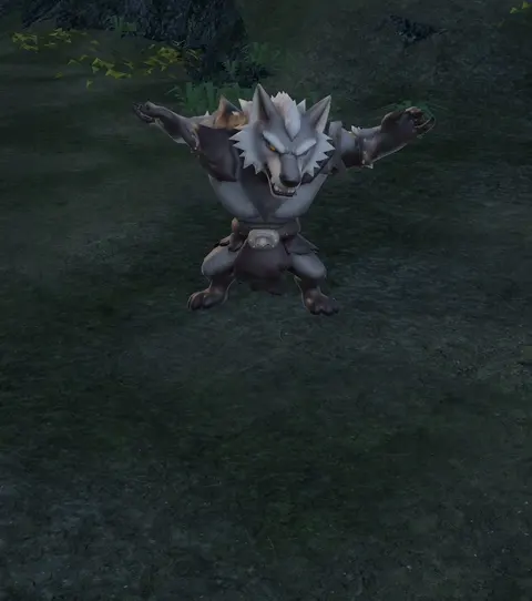 A grey wolf-like creature rearing up in a dark forest